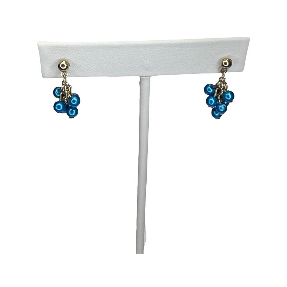 Vintage Gold-Tone Boho Blue Beaded Cluster Dangle Earrings Women's Jewelry - Picture 1 of 6